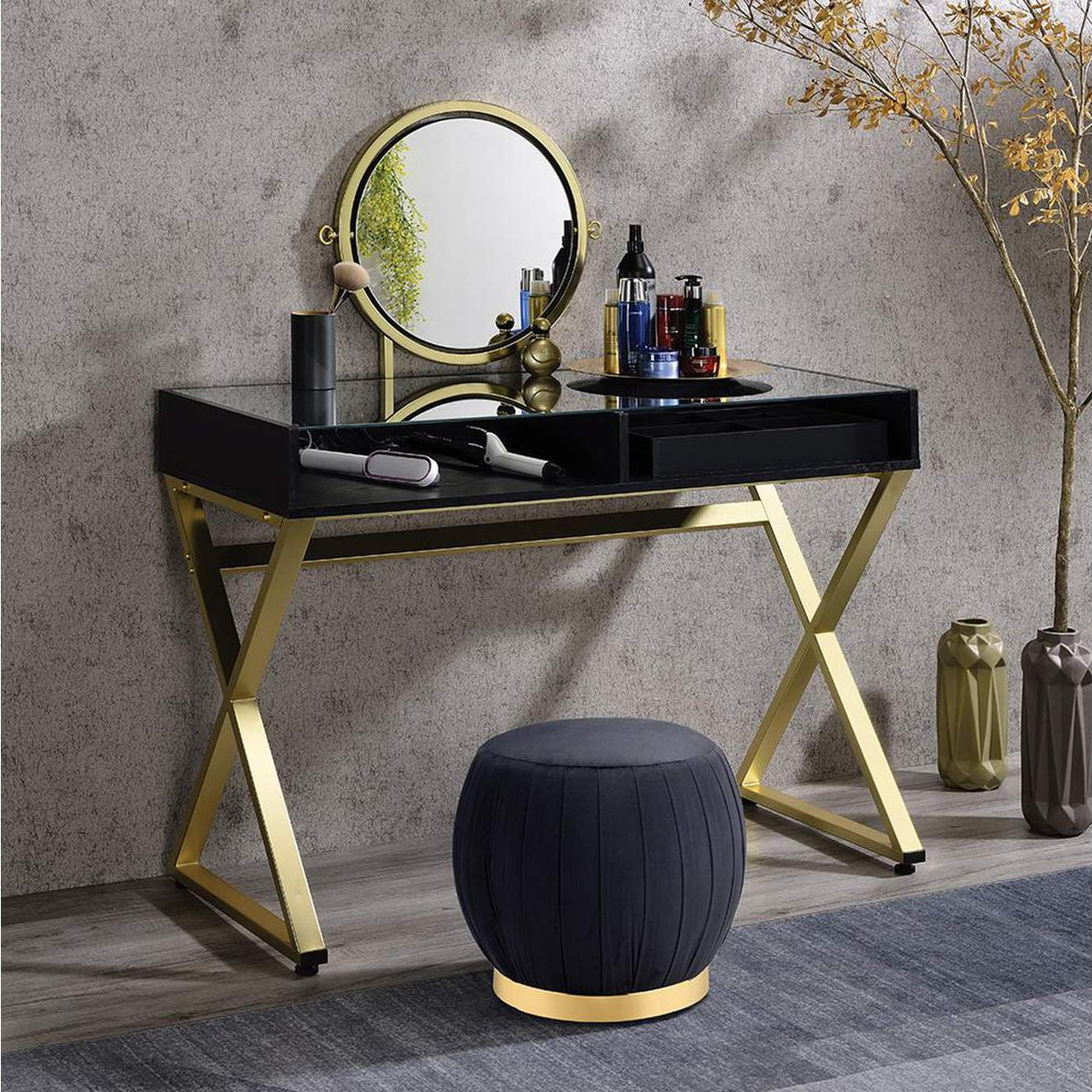 AC00669 Coleen Vanity Desk with Mirror and Jewelry Tray