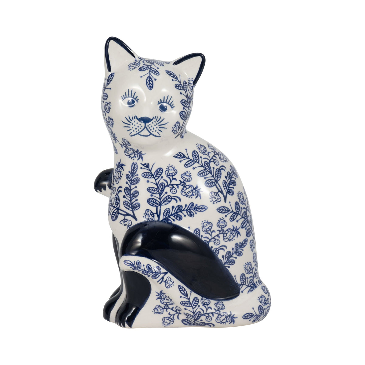 Ceramic 8" Sitting Chinoiserie Cat - Blue/White