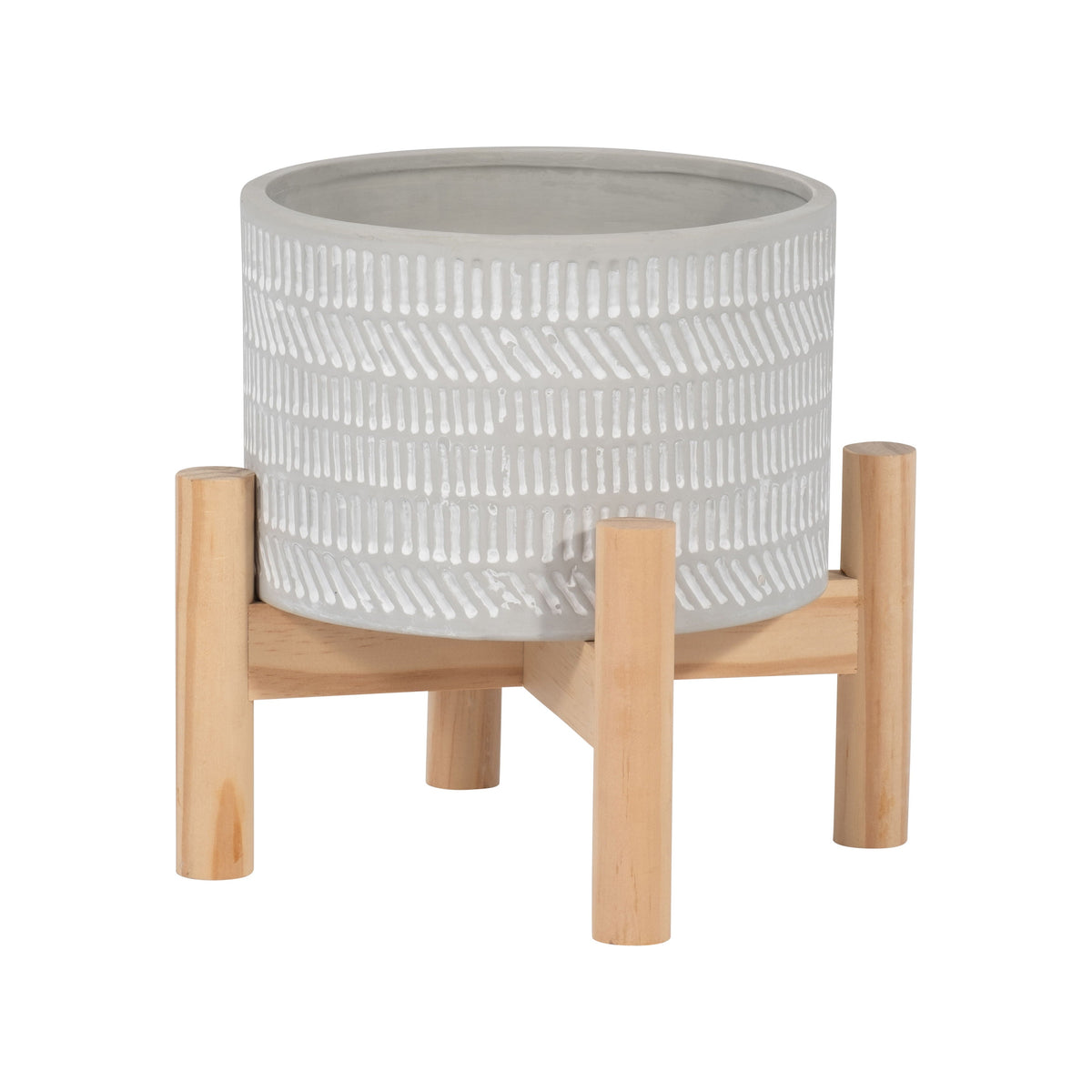 Ceramic Tribal Planter With Wood Stand 6" - Beige