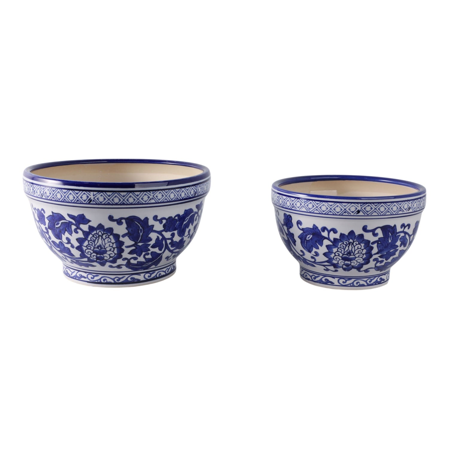 9" / 11" Bowl Chinoiserie Planters (Set of 2) - Blue / White