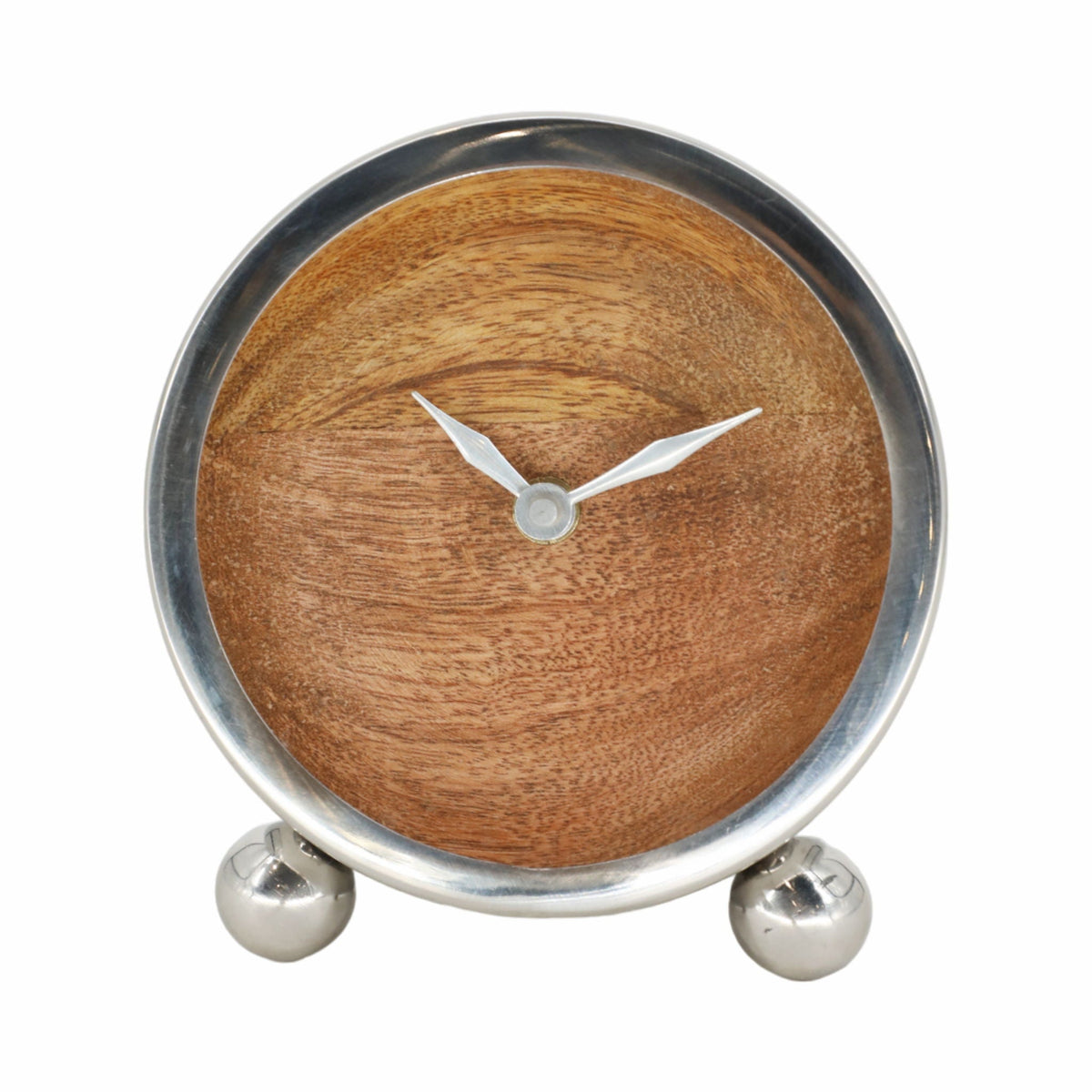 Metal Round Wood Face Table Clock 5" - Silver
