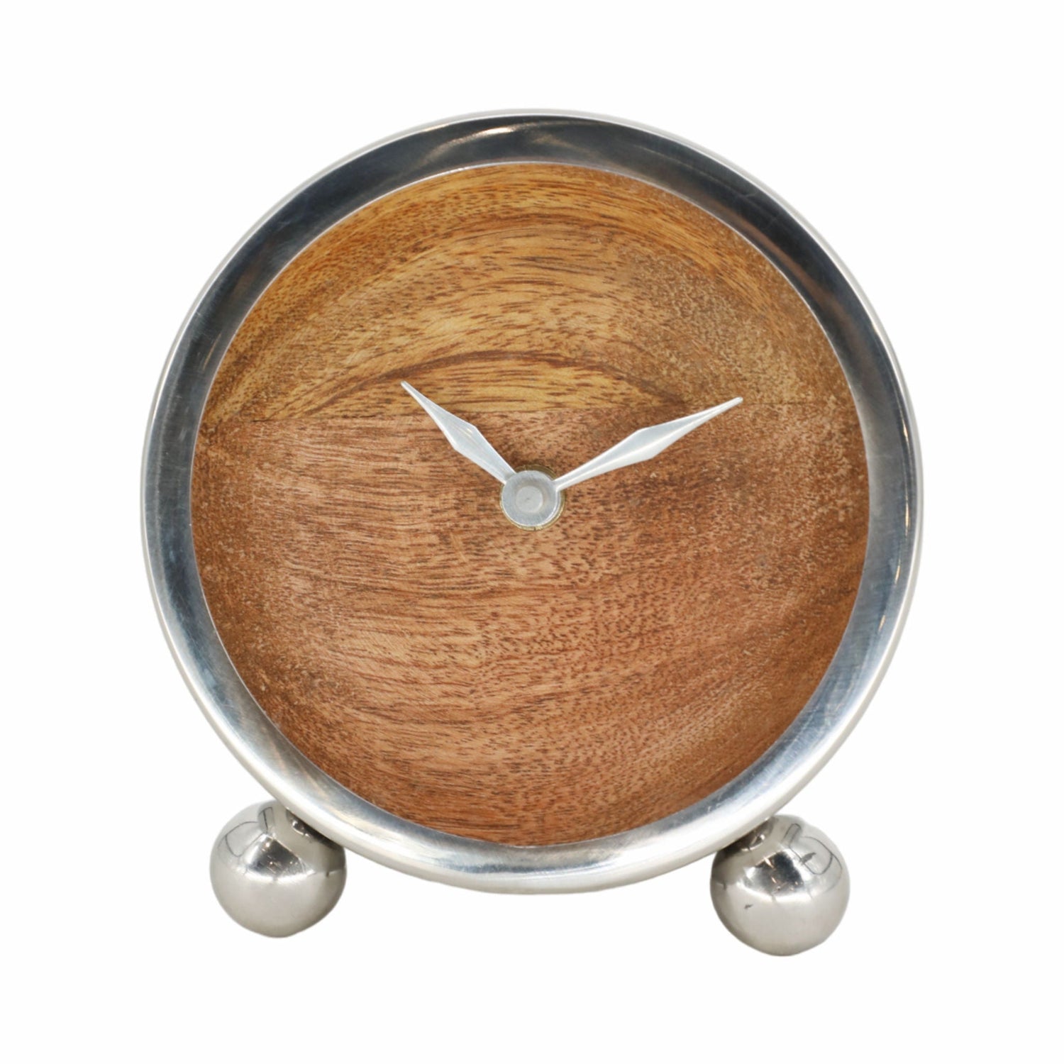 Metal Round Wood Face Table Clock 5" - Silver