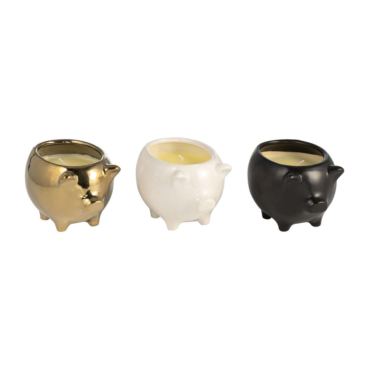 7" 9 Oz Pig Soy Scented Candle (Set of 3) - Gold / Black / White