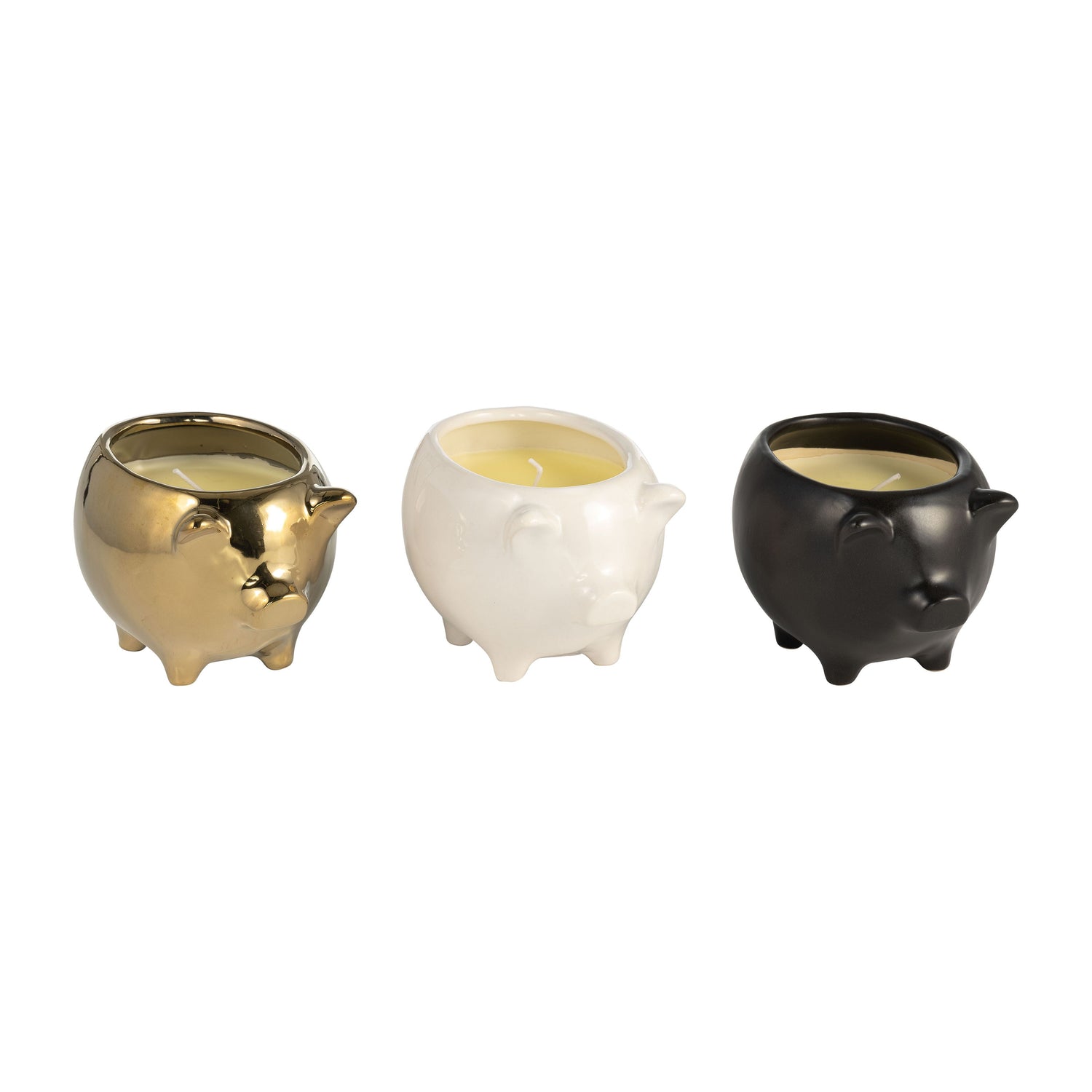 7" 9 Oz Pig Soy Scented Candle (Set of 3) - Gold / Black / White