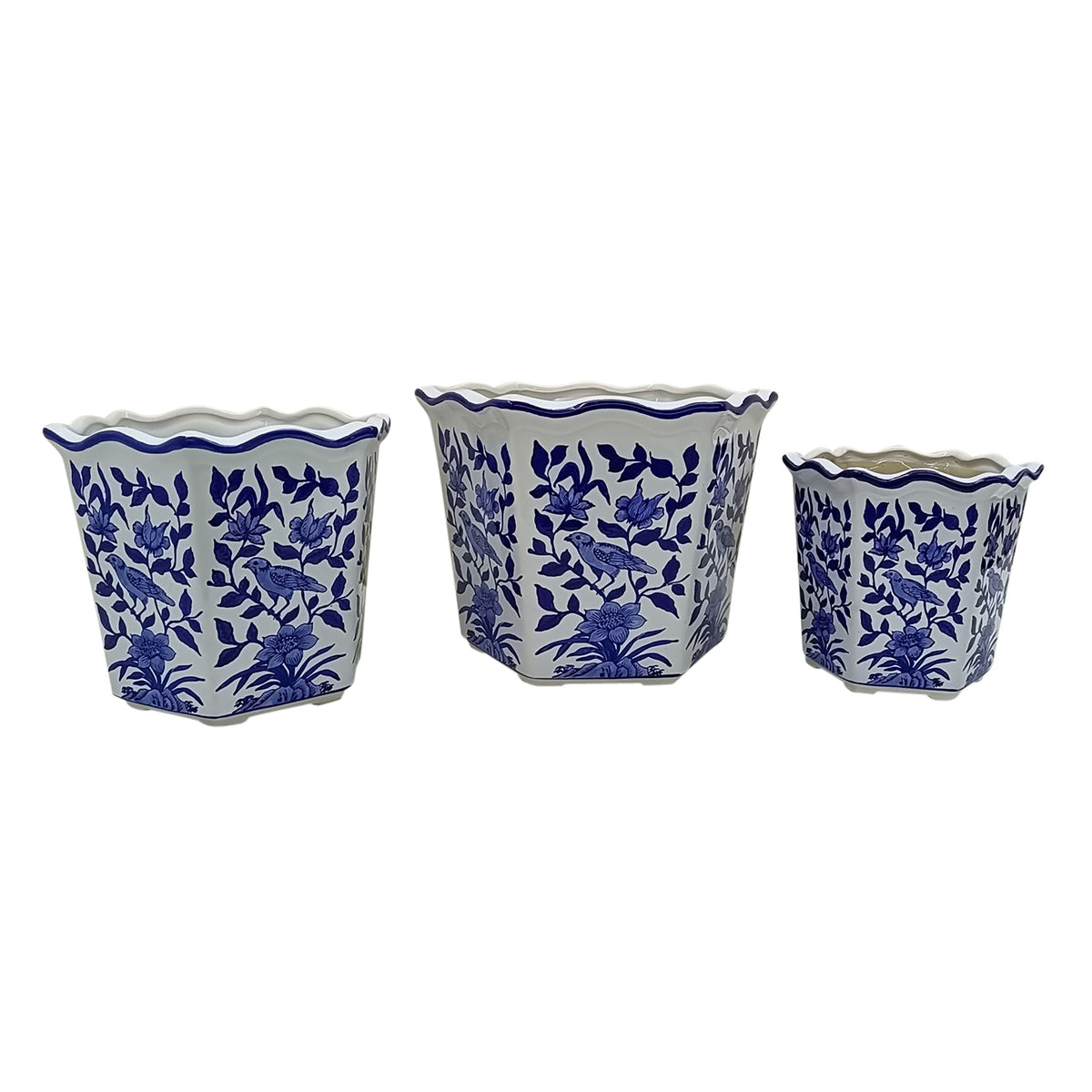 8" / 10" / 12" Chinoiserie Bird Planters (Set of 3) - Blue / White