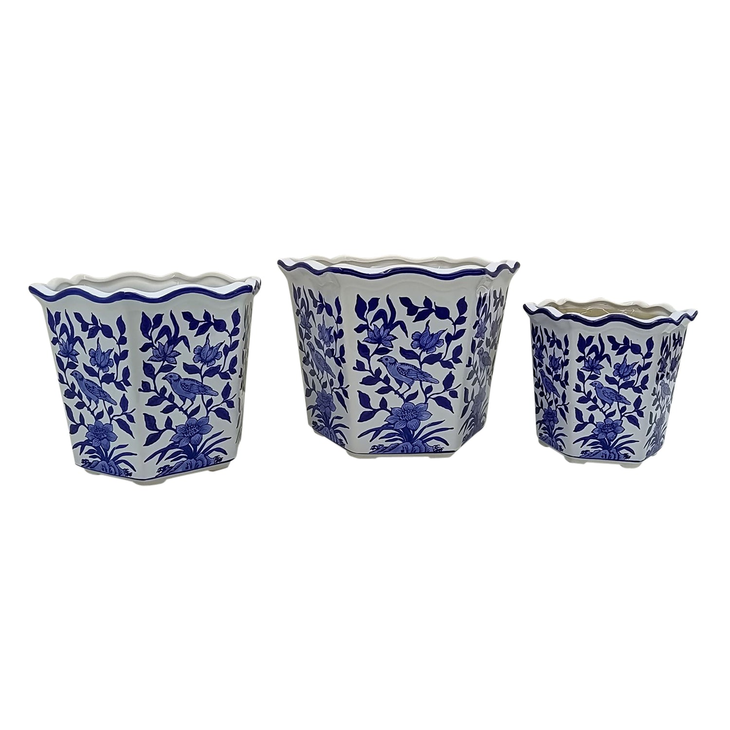 8" / 10" / 12" Chinoiserie Bird Planters (Set of 3) - Blue / White