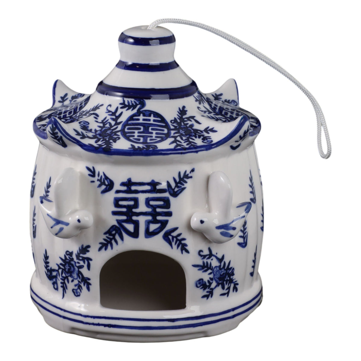 8" x 7" Chinoiserie Large Pagoda Bird House - White / Blue