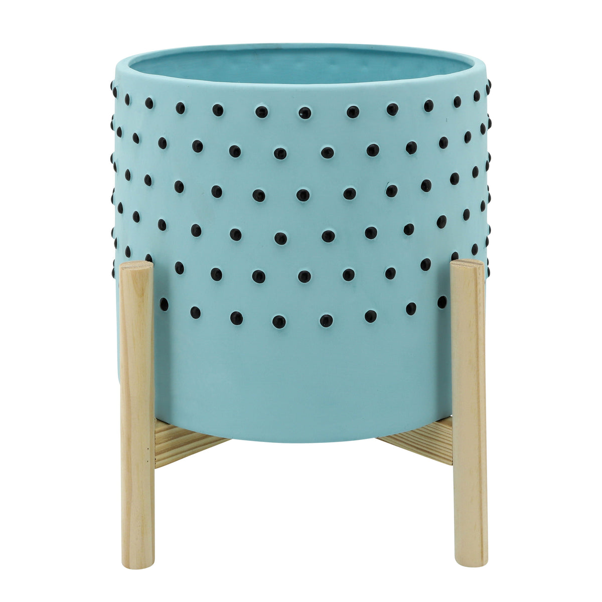 Dotted Planter With Wood Stand 10" - Light Blue