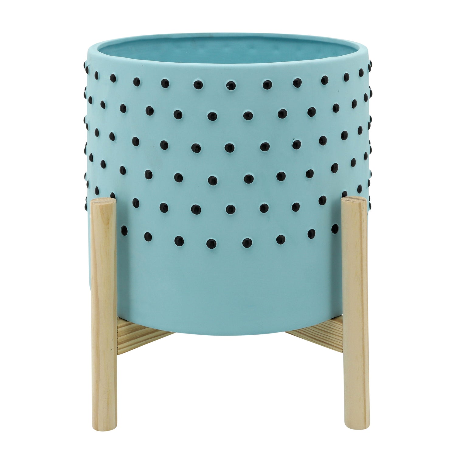 Dotted Planter With Wood Stand 10" - Light Blue