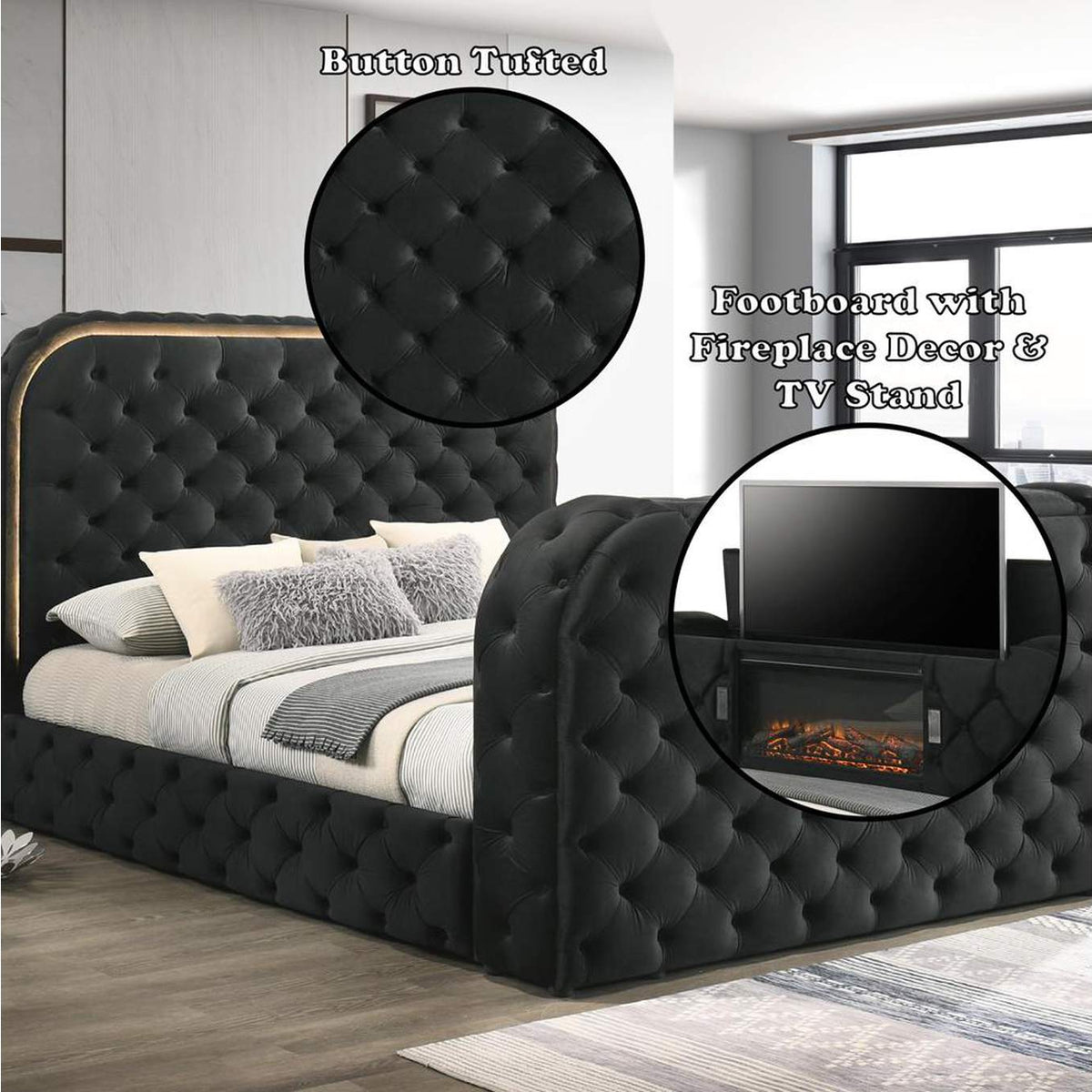 BD03122Q Kana Queen Bed with Led, Fireplace and TV Stand