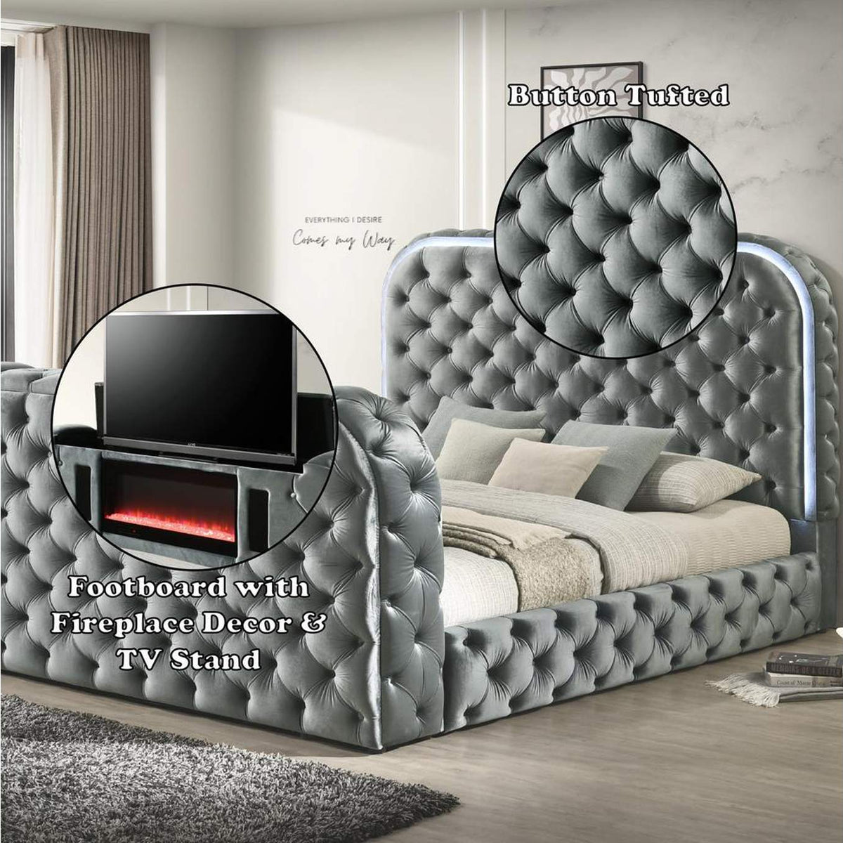 BD05071EK Kana Eastern King Bed with Led, Fireplace and TV Stand