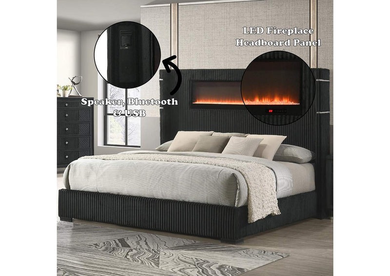 BD06021EK Garner Ek Bed with Fireplace, Led, Reading Light, Speaker, Bluetooth and USB