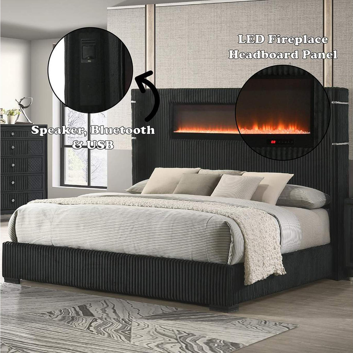 BD06022Q Garner Queen Bed with Fireplace, Led, Reading Light, Speaker, Bluetooth and USB
