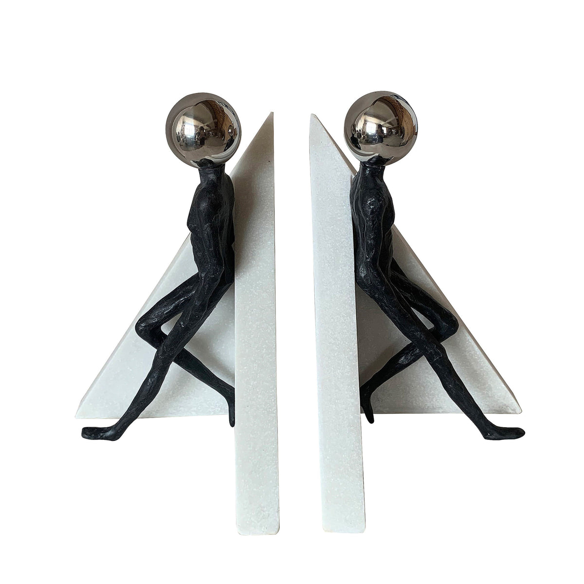 11" Crestone Figure Bookends With Steel Sphere (Set of 2) - Black / White