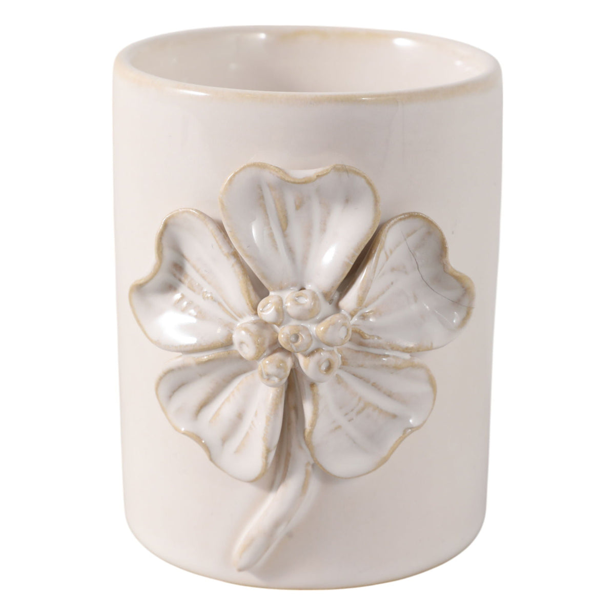 4" Flower Applique Pencil Cup - Ivory