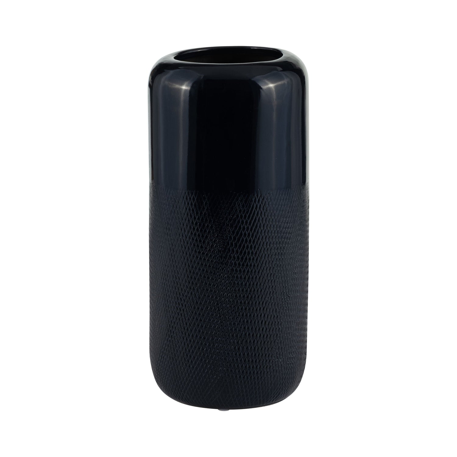 Ceramic 12" Grooved Vase - Navy Blue