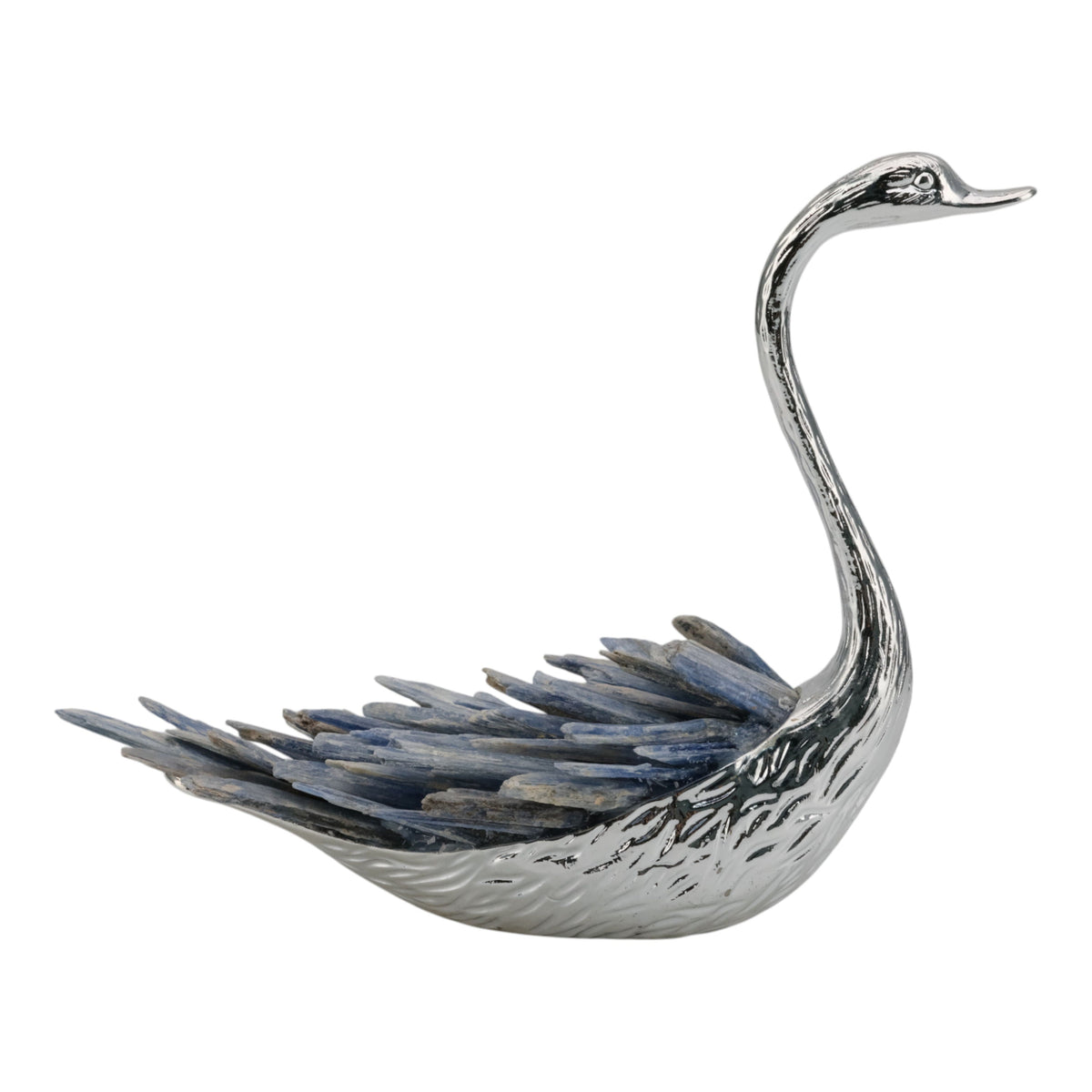 7" Majesty Kyanite Stone Sitting Metal Swan - Pearl Silver