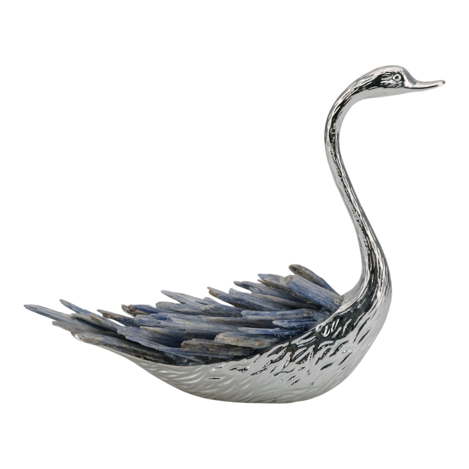 7" Majesty Kyanite Stone Sitting Metal Swan - Pearl Silver