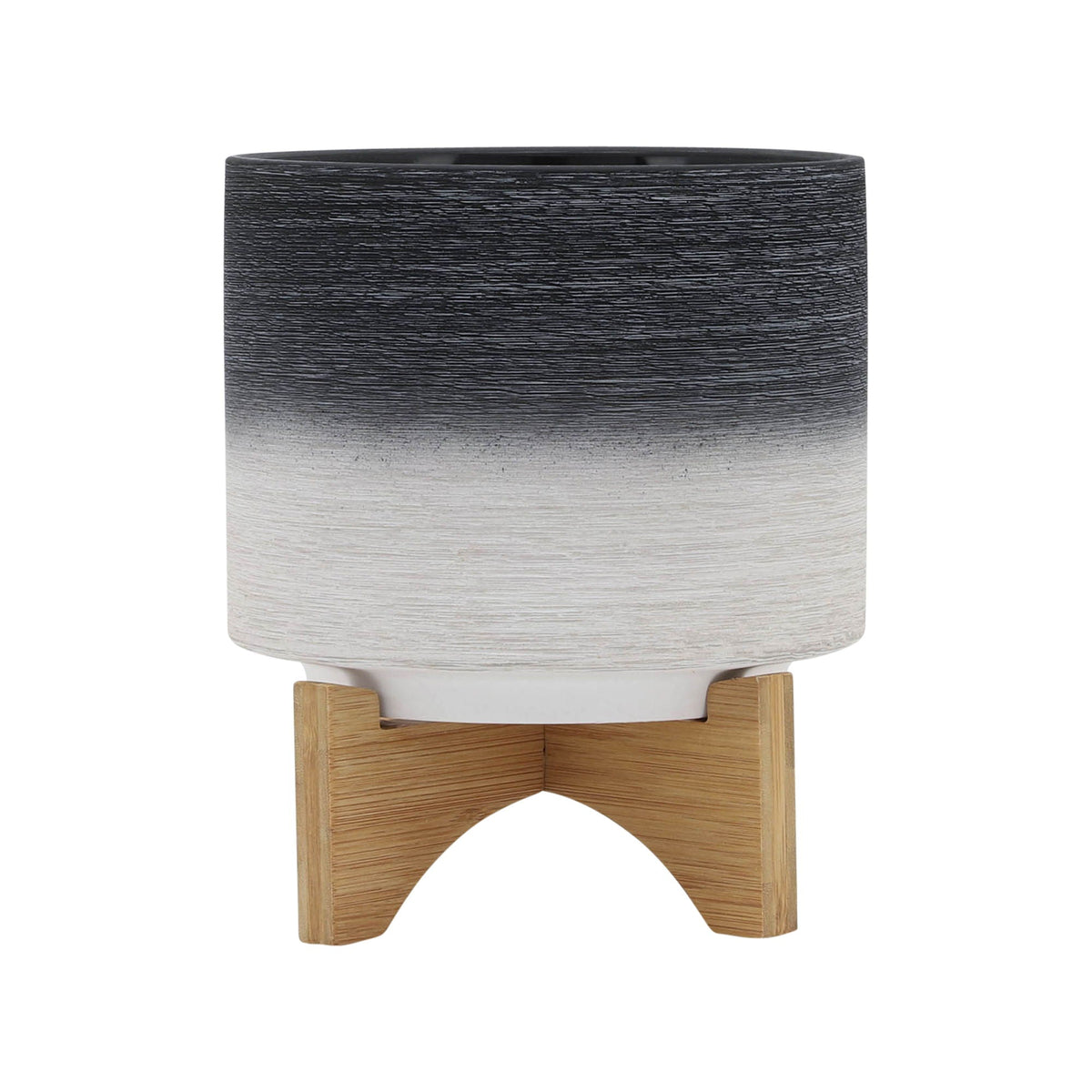 Ceramic Planter On Wooden Stand 8" - Gray