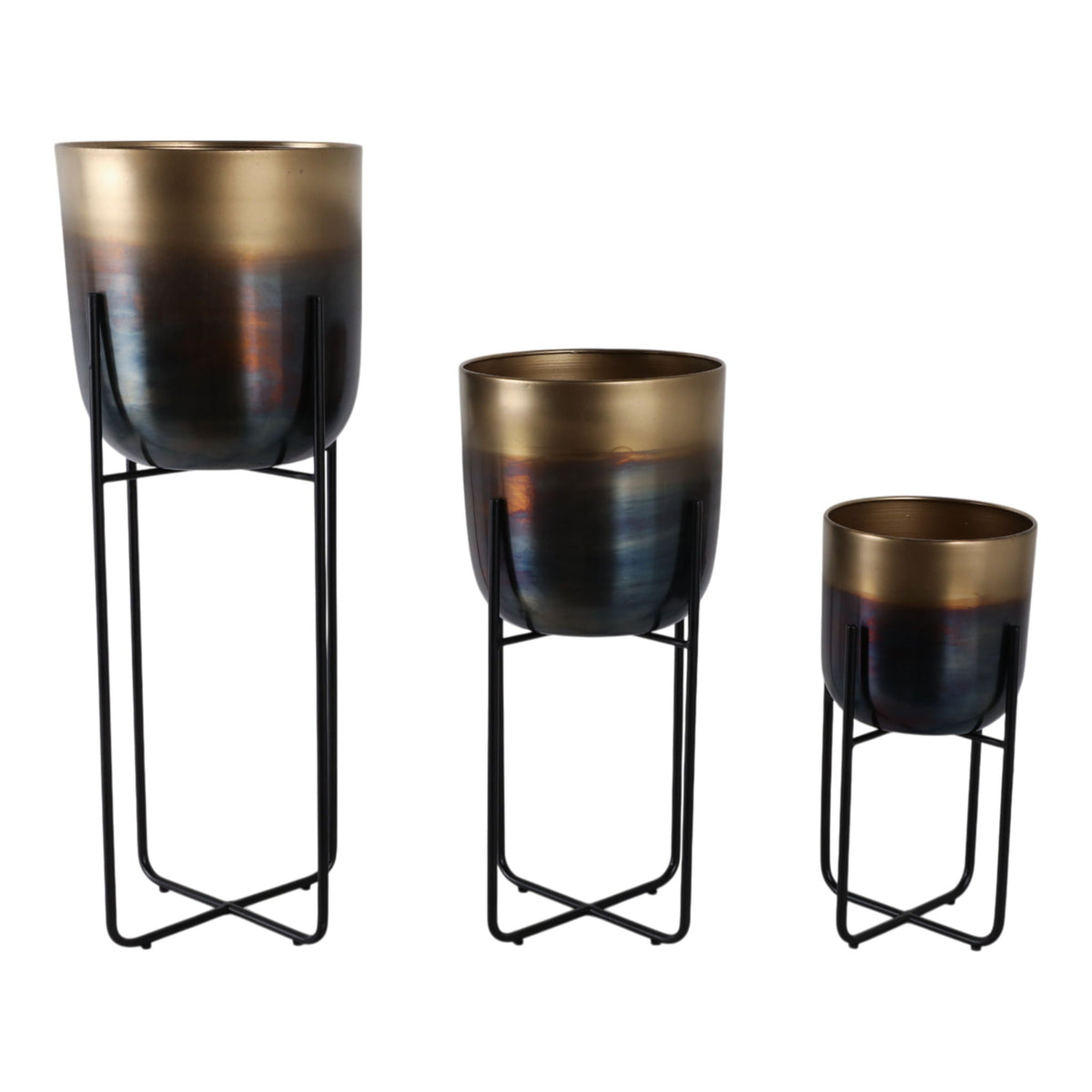 15" / 20" / 27" Ombre Metal Planter On Stand (Set of 3) - Gold / Black