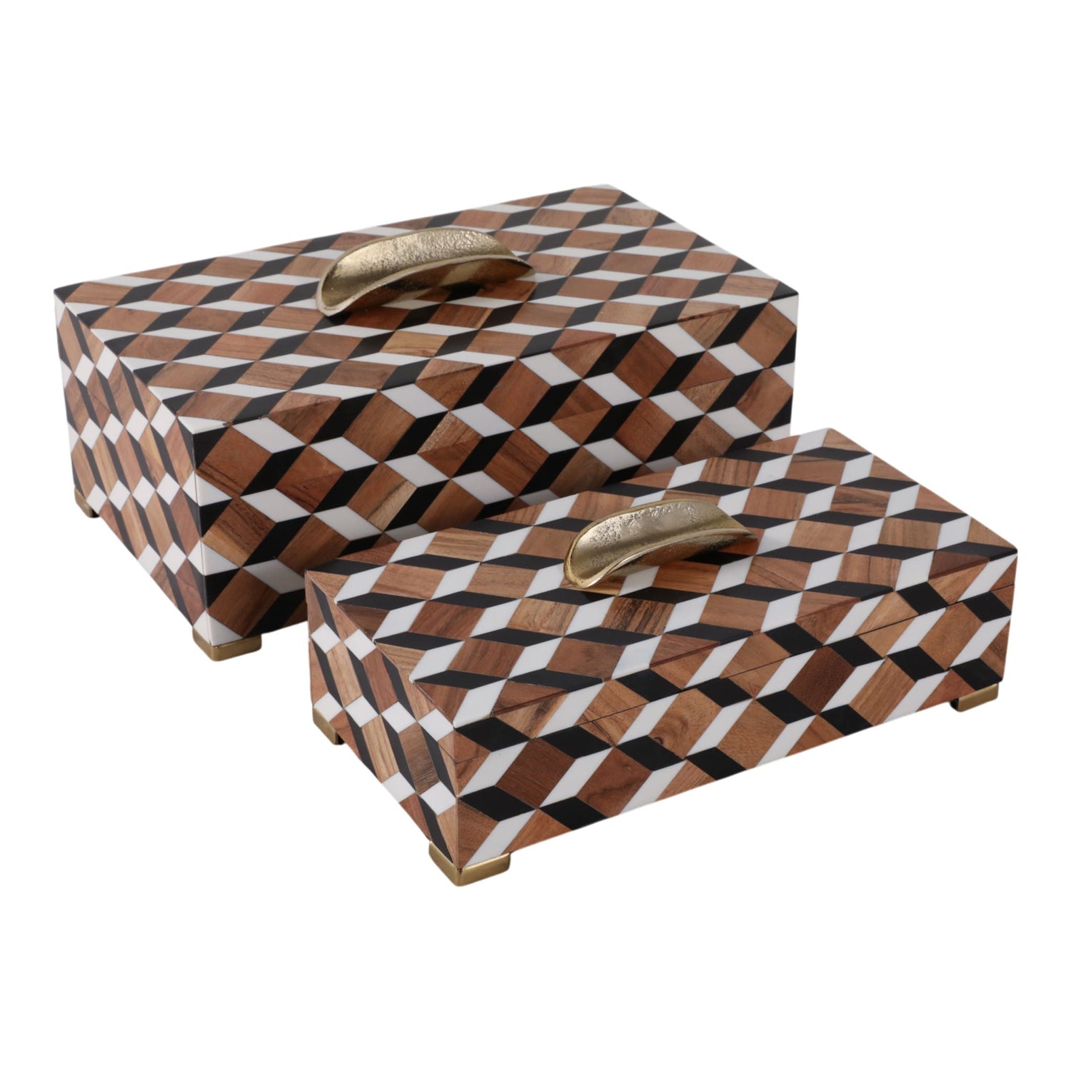 12" / 14" Geo Print Footed Boxes (Set of 2) - Black / Brown
