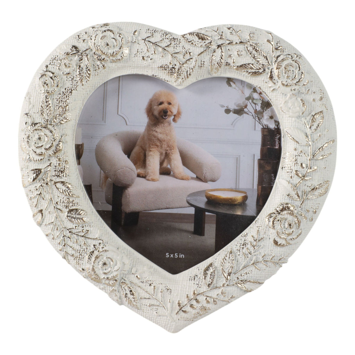 5" x 5" Stitched Border Heart Photo Frame - Ivory / Gold
