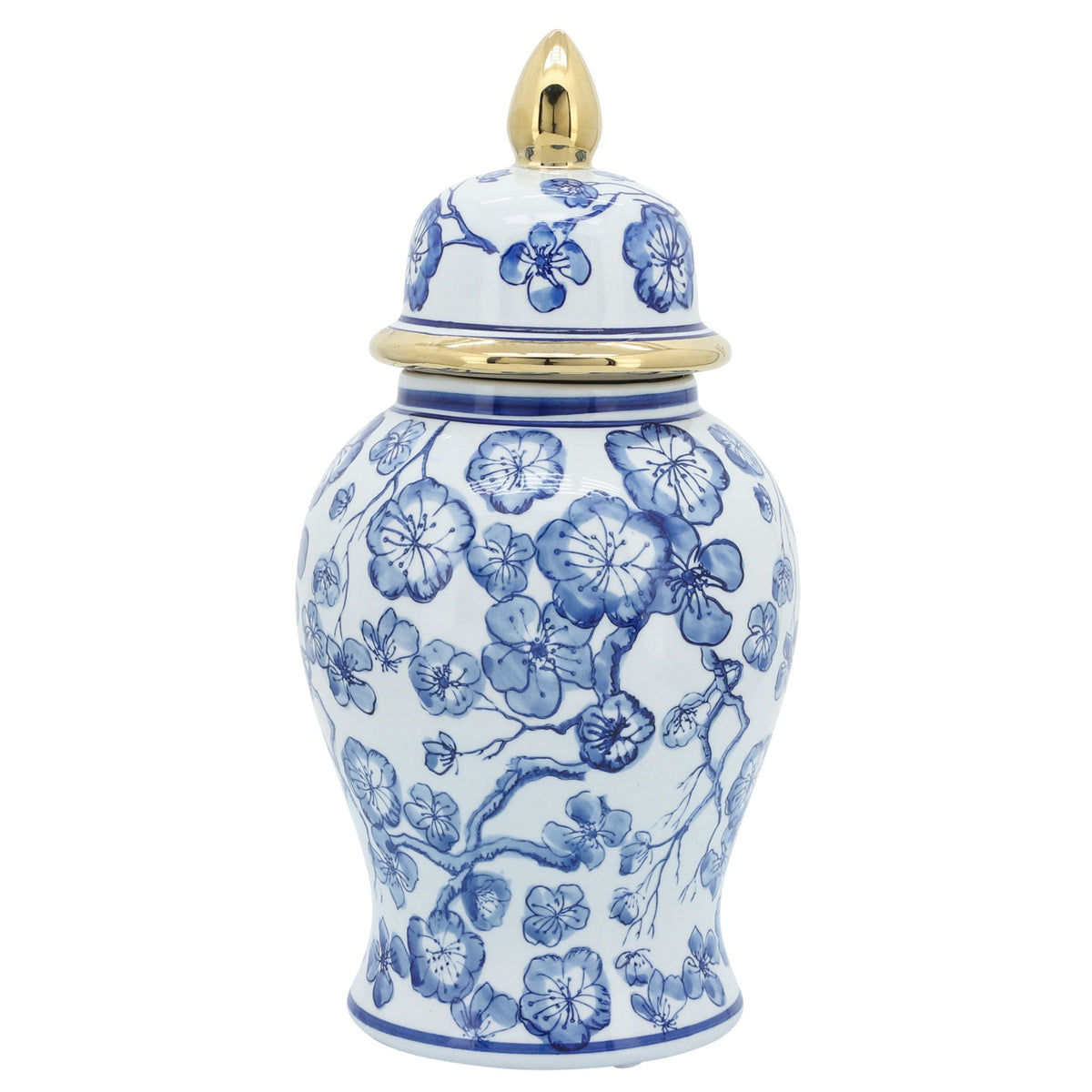 Temple Jar With Hibiscus 14" - Blue & White