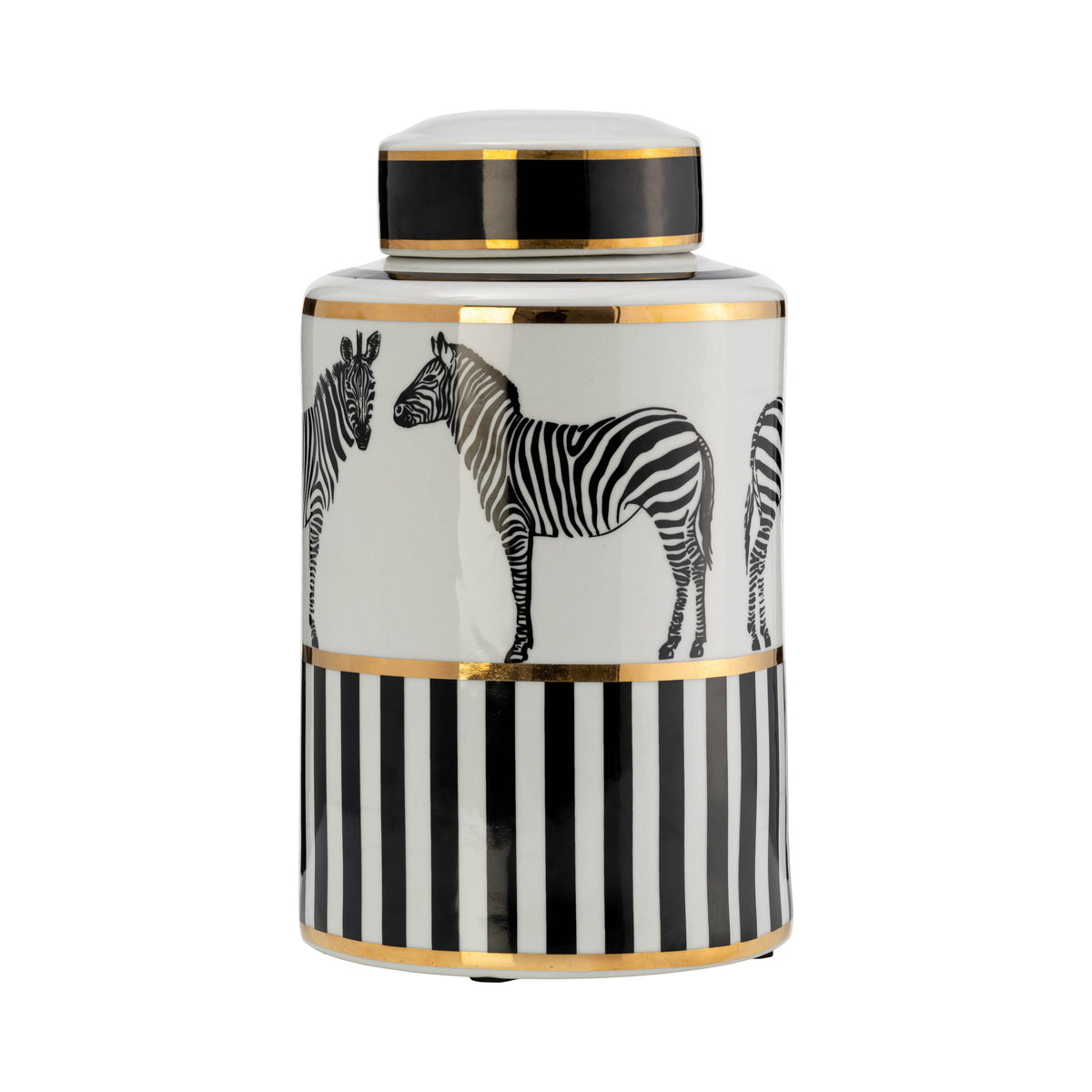 Cer Zebra Jar With Lid 12" - White / Gold