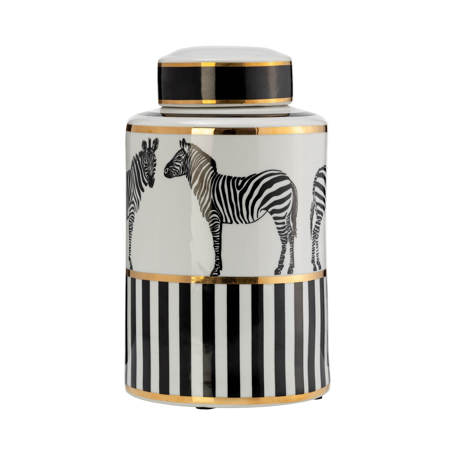 Cer Zebra Jar With Lid 12" - White / Gold