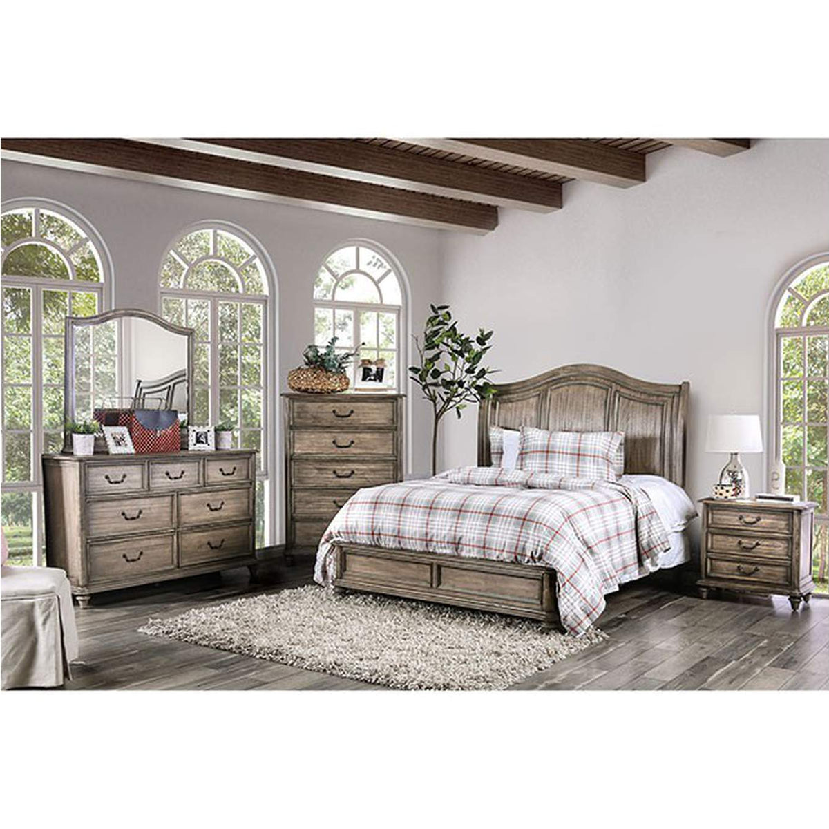 CM7611D Belgrade II Rustic Natural Tone Eastern King Upholstered Platform Bed w/Dresser and Mirror
