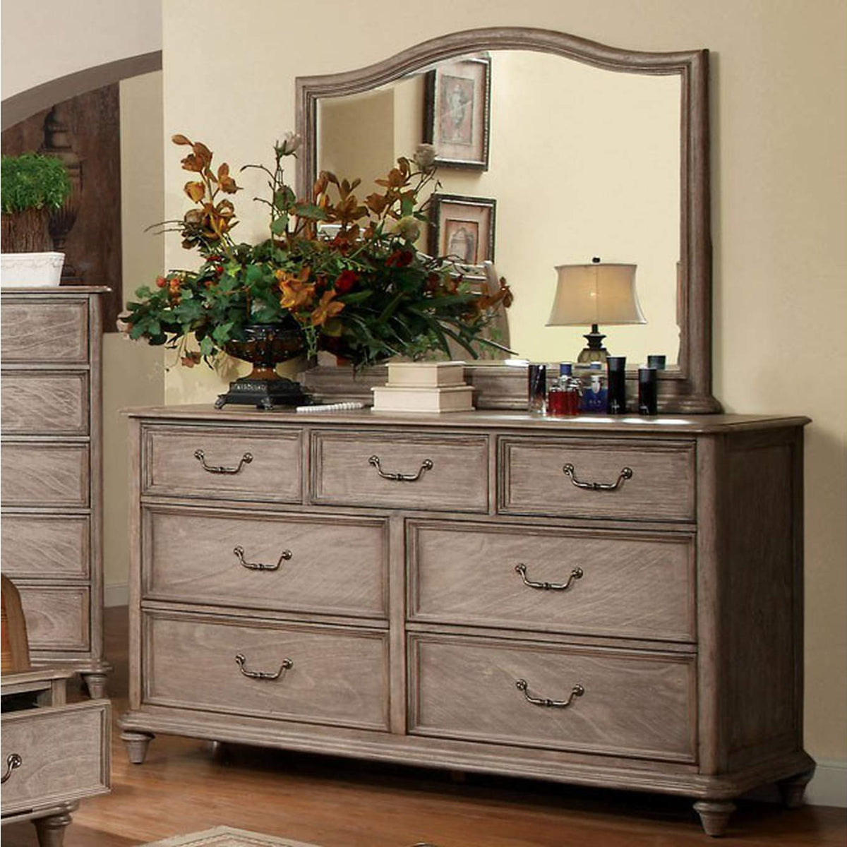 CM7611D Belgrade II Rustic Natural Tone Eastern King Upholstered Platform Bed w/Dresser and Mirror