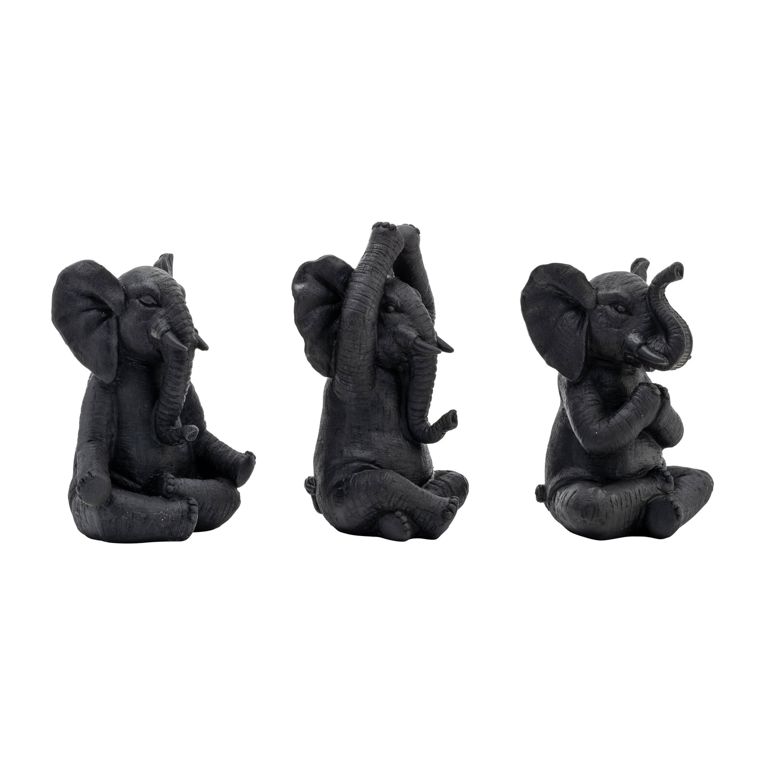 8" Resin Yoga Elephants (Set of 3) - Black