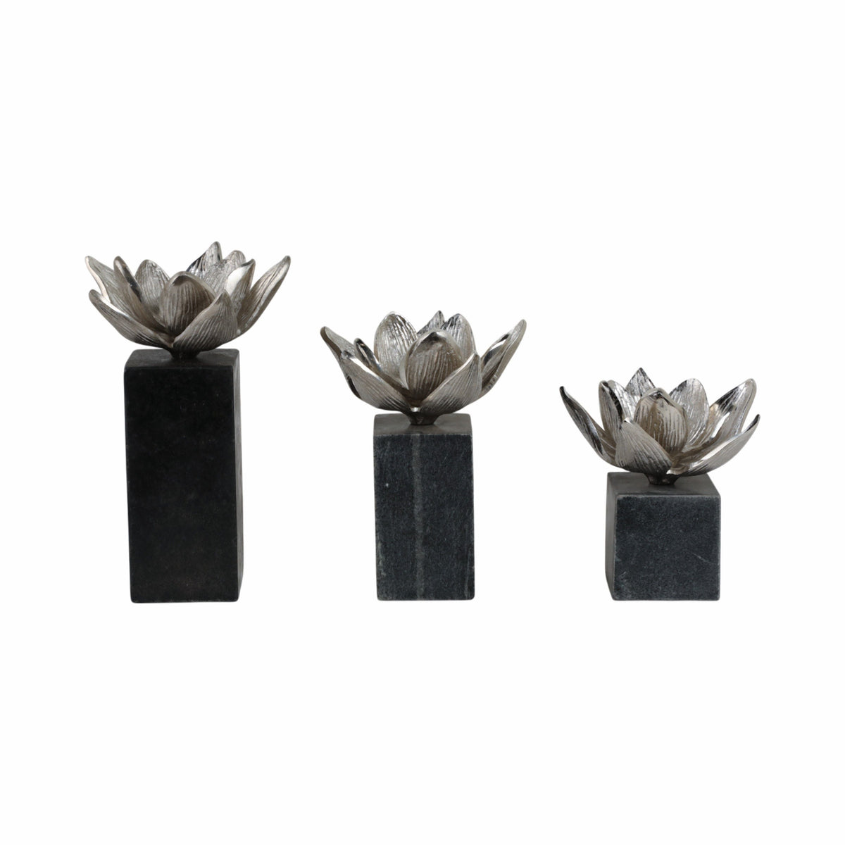 6" / 7" / 10" Darby Silver Flower Statuary With Marble (Set of 3) - Bronze