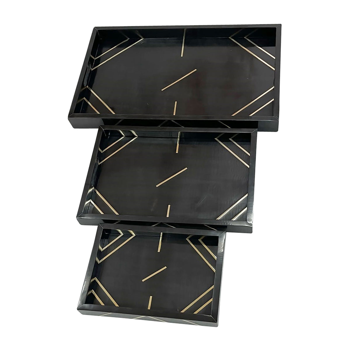 13" / 18" / 24" Resin Brass Inlay Rectangle Tray (Set of 3) - Black