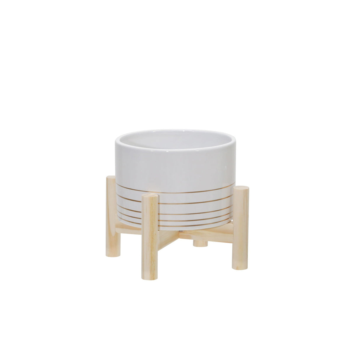 Ceramic Metallic Planter With Wood Stand 6" - White