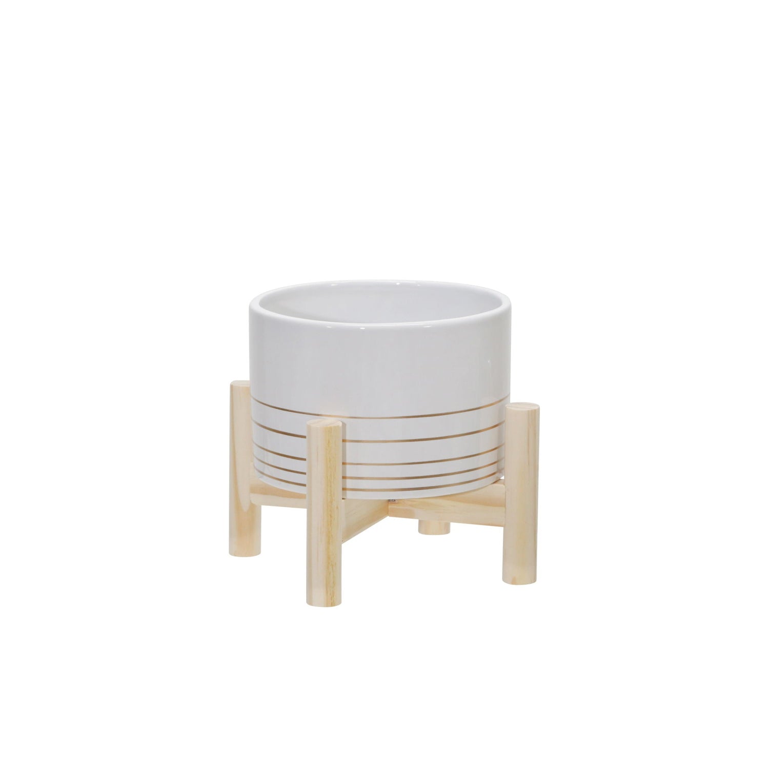 Ceramic Metallic Planter With Wood Stand 6" - White