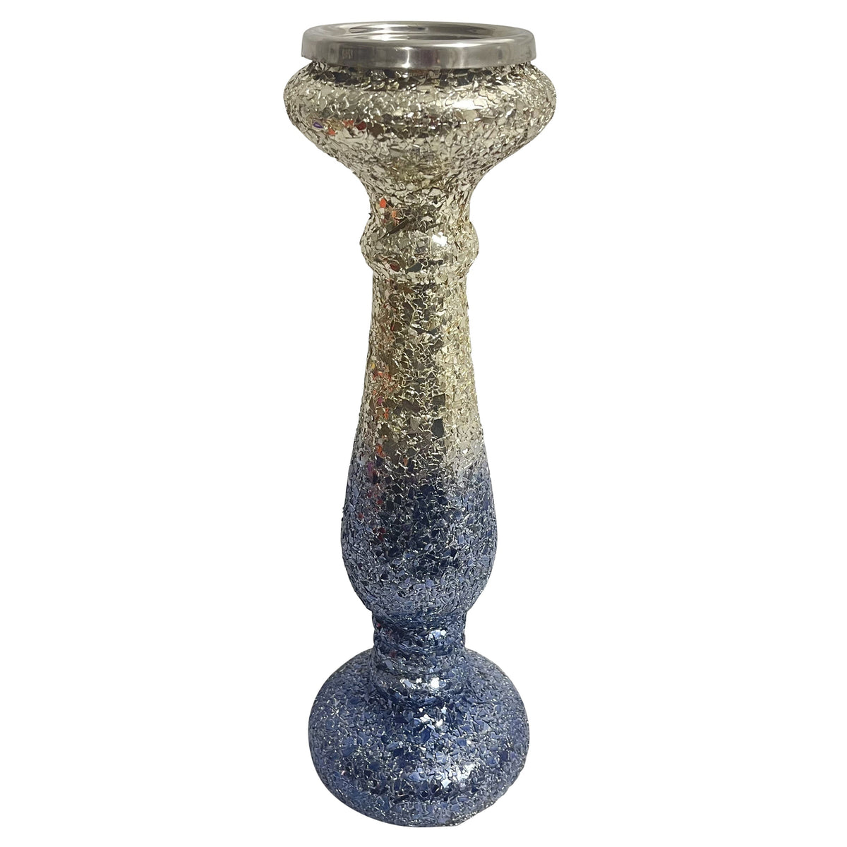 Crackled Candle Holder 15" - Silver Blue