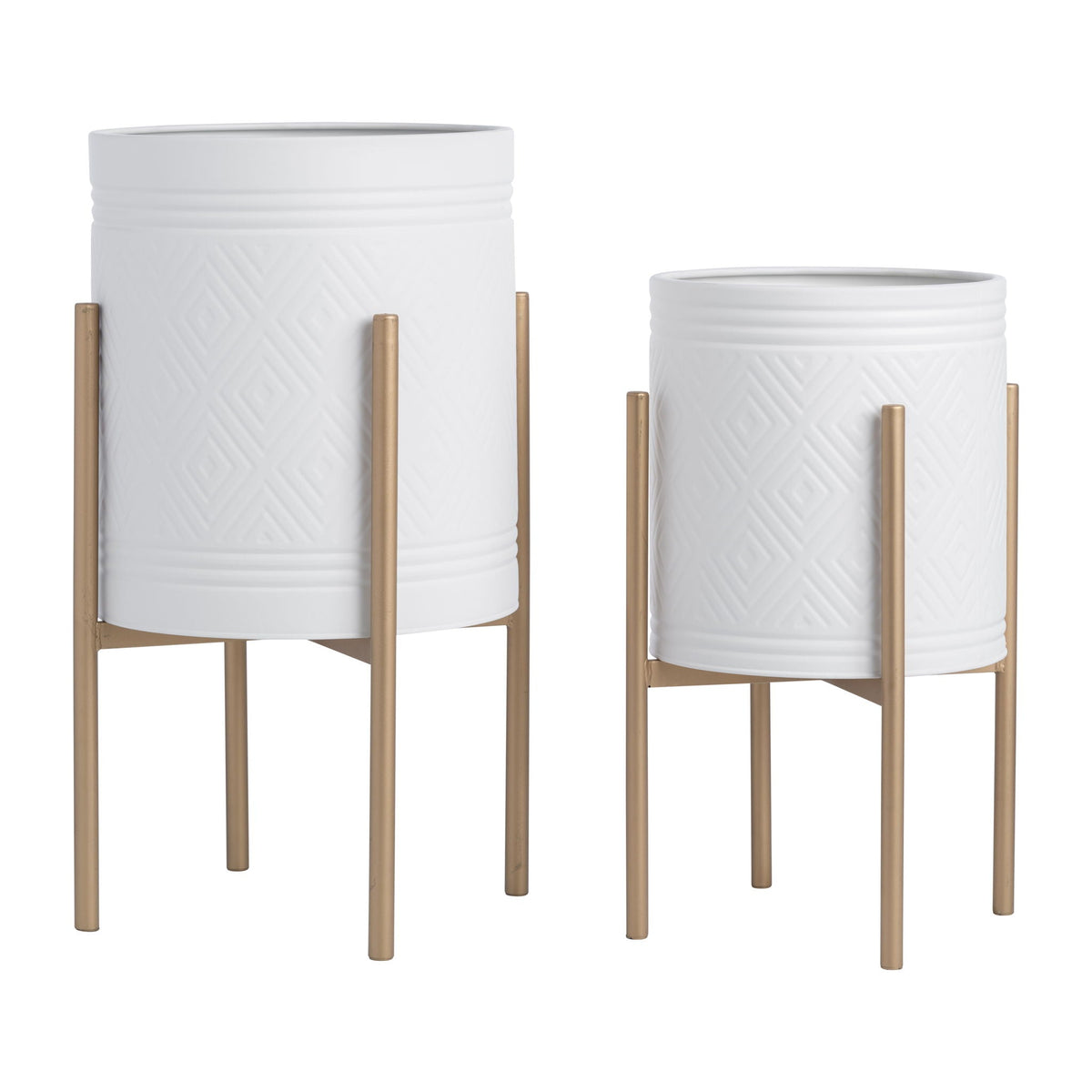 Aztec Planter On Metal Stand (Set of 2) - White / Gold