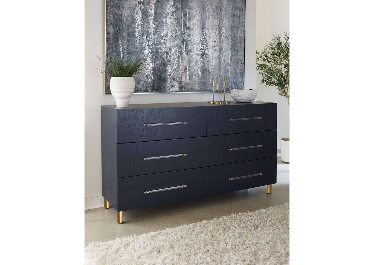 9DKB82A Argento Six Drawer Dresser In Navy Blue And Burnished Brass (2024)