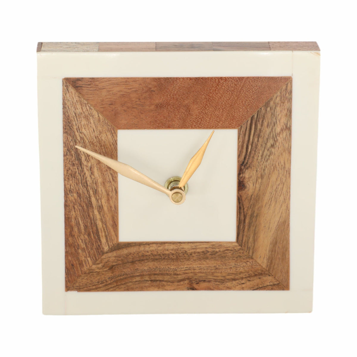 Square Resin Clock With Wood Inlay 5" - Ivory / Natural