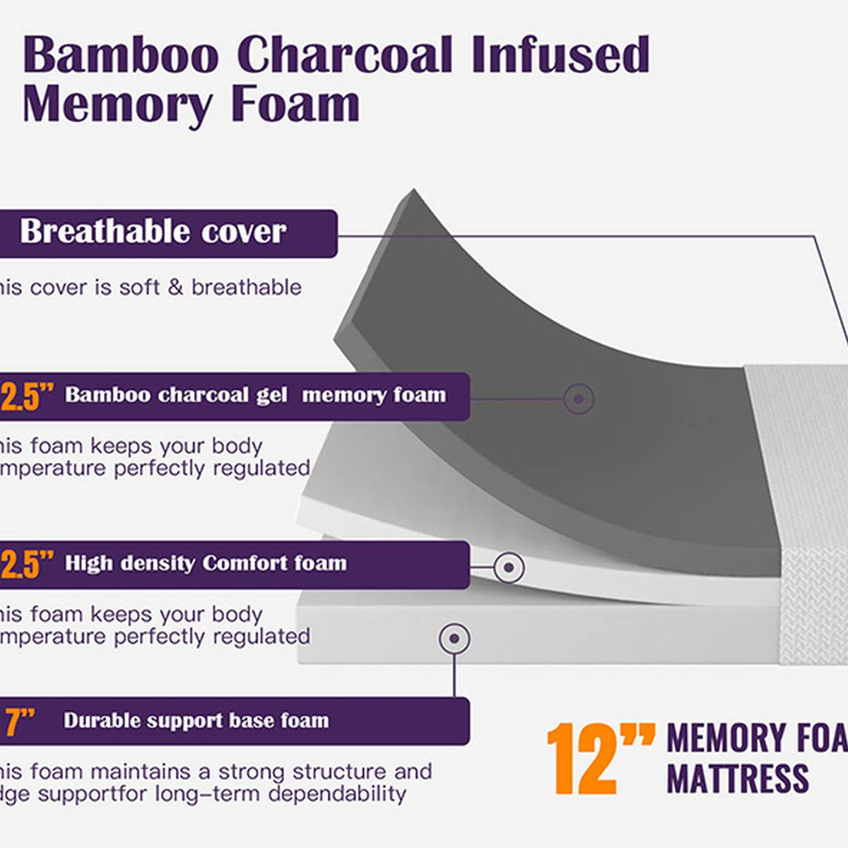 DM812-T Nasturtium 12" Twin Bamboo Charcoal Infused Memory Foam