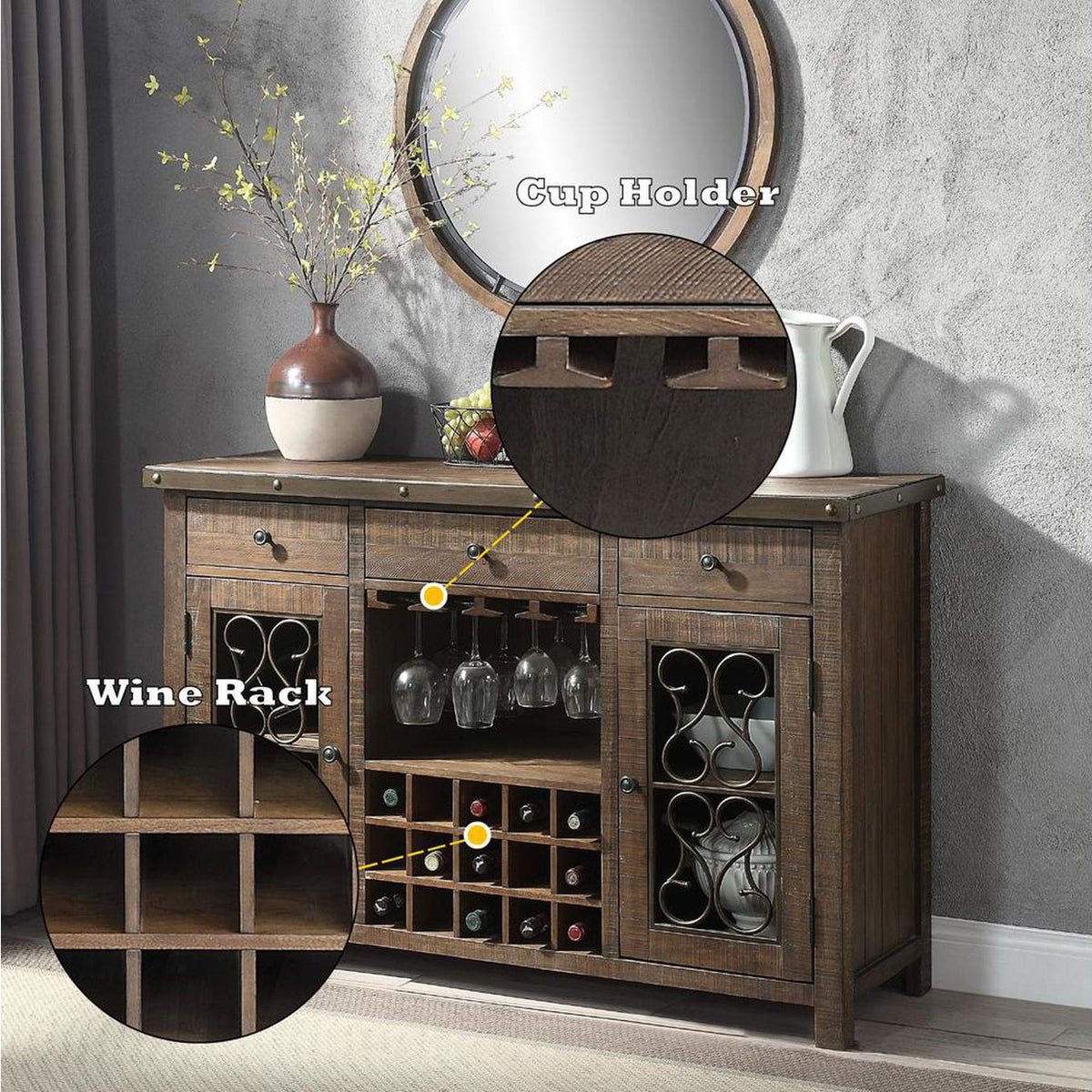 DN00983 Raphaela Server with Cup Holder and Wine Rack