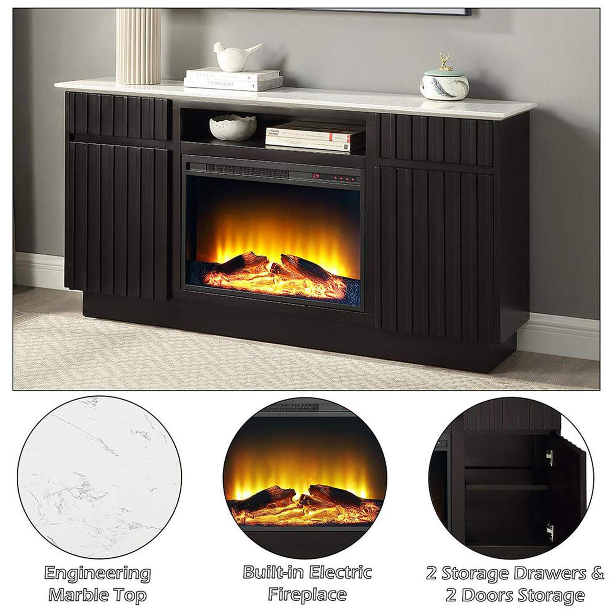 DN02718 Jaramillo Server with Natural Marble Top and Fireplace