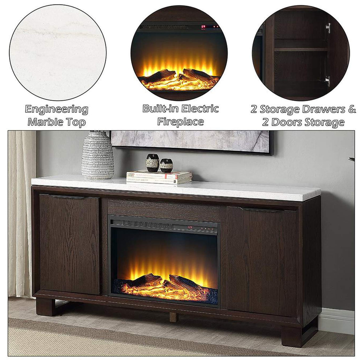 DN03199 Edwyn Server with Natural Marble Top and Fireplace