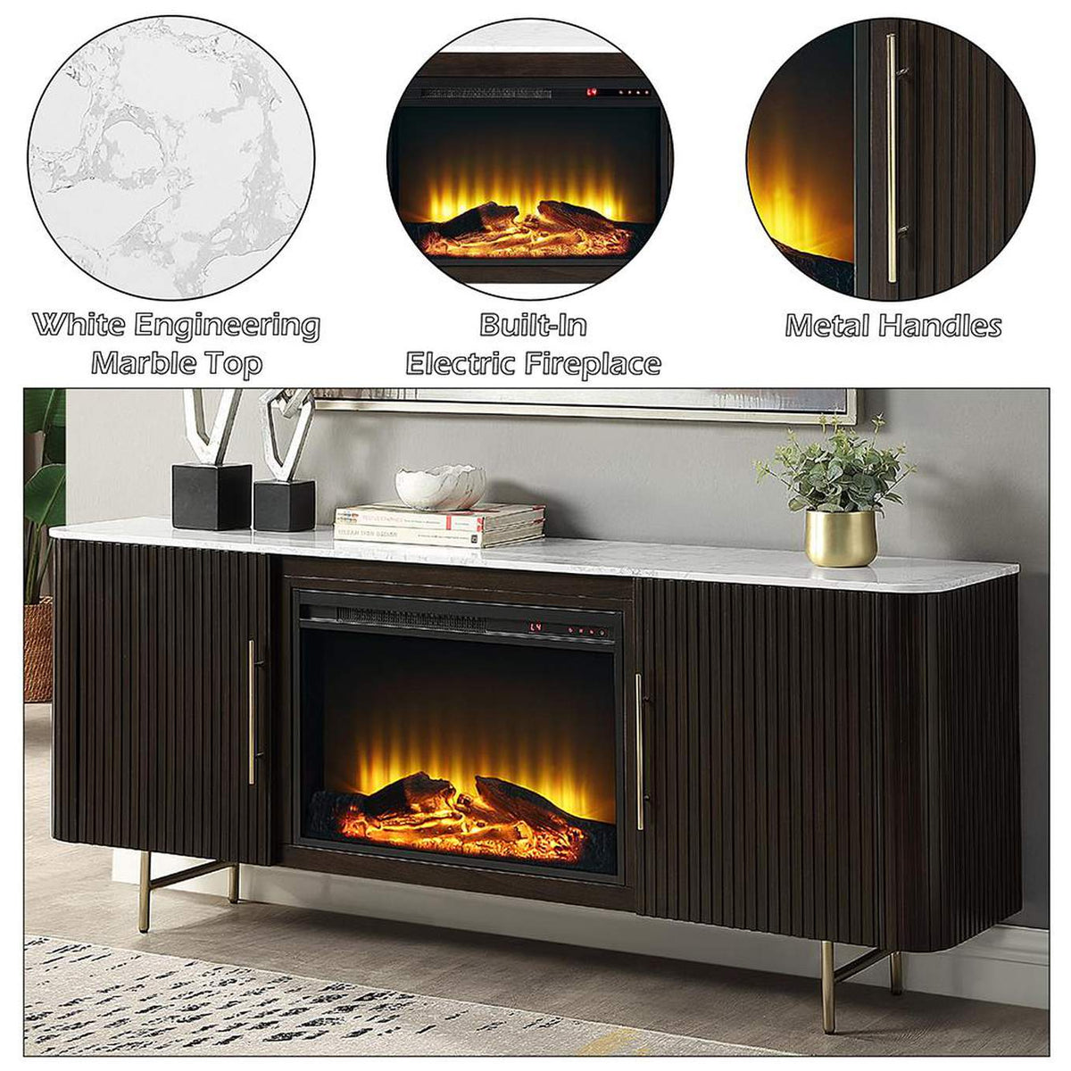 DN03944 Clayten Server with Marble Top and Fireplace