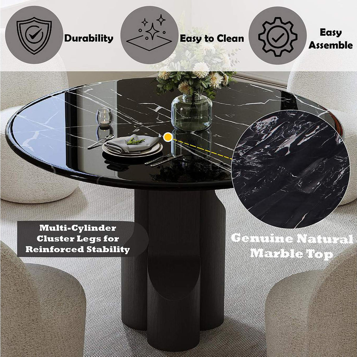DN04795 Kinton Round Dining Table with Natural Marble Top