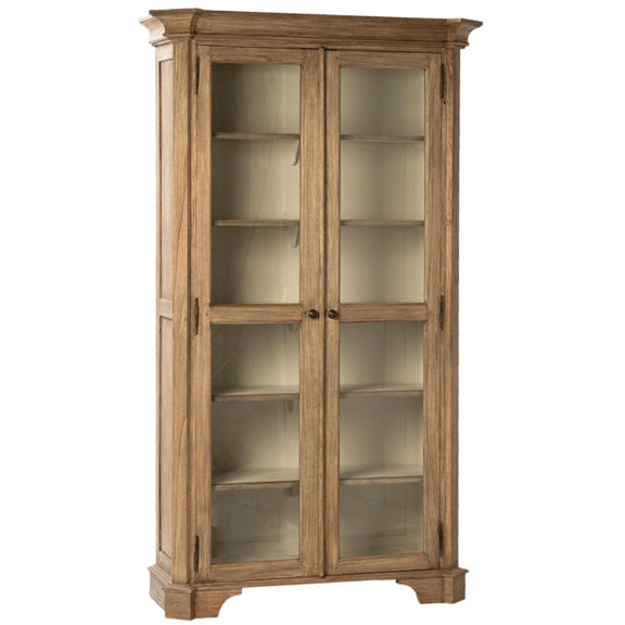 Wooden bookshelf with glass doors on a white background