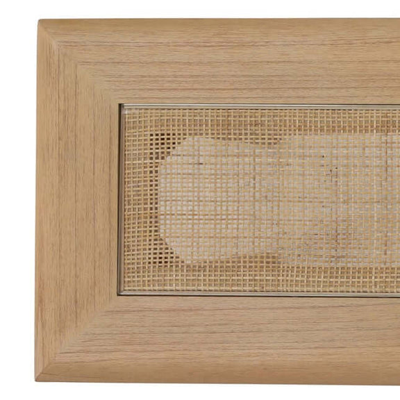 Wooden cabinet door with rattan panel on a white background