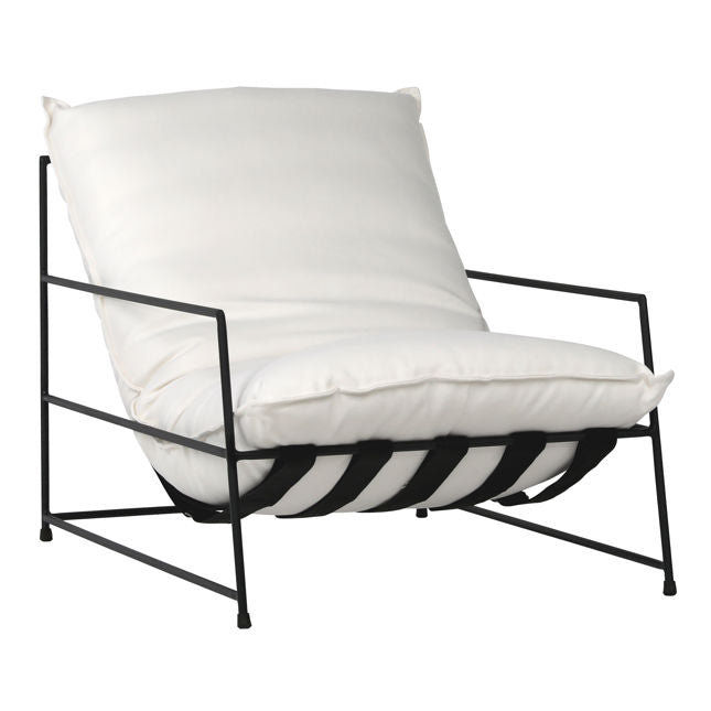 White cushioned chair with black metal frame on a white background