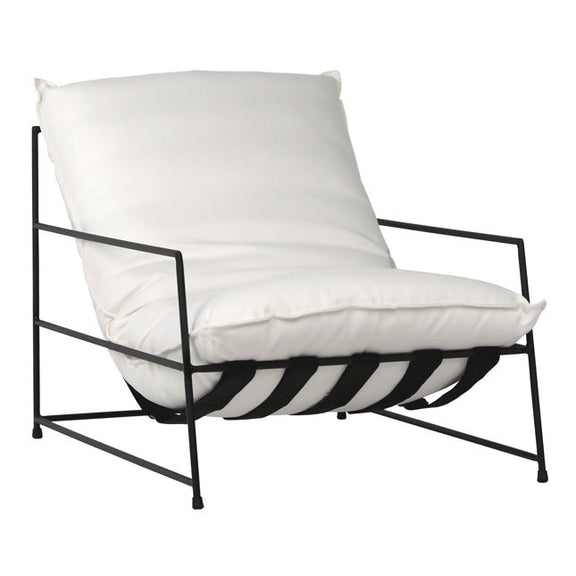 White cushioned chair with black metal frame on a white background